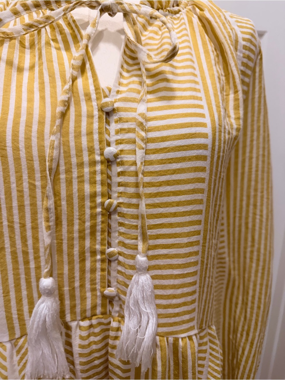 Polagram Yellow and White Striped Tiered Maxi Dress with Tassel Tie - Picture 6 of 8